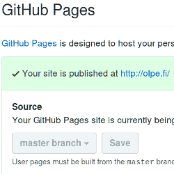 Screenshot of olpeh.github.io github page being published at olpe.fi