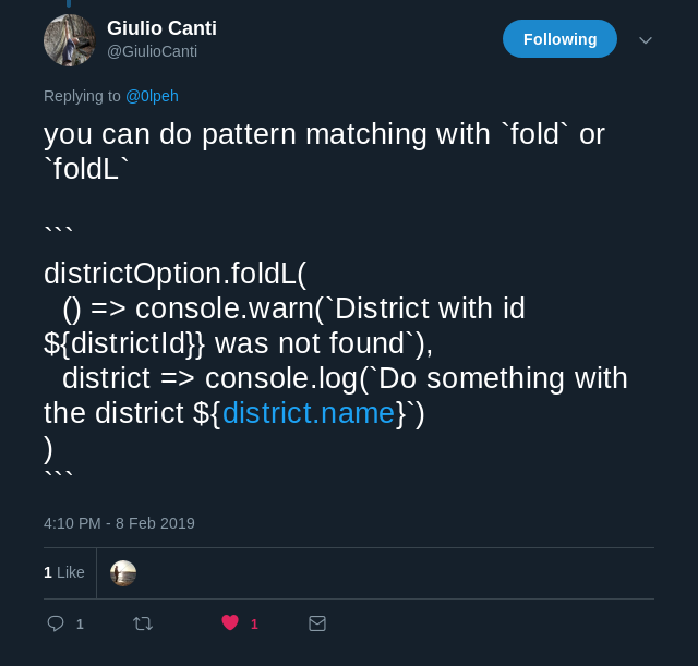 The author of io-ts tweeting me how to do pattern matching.