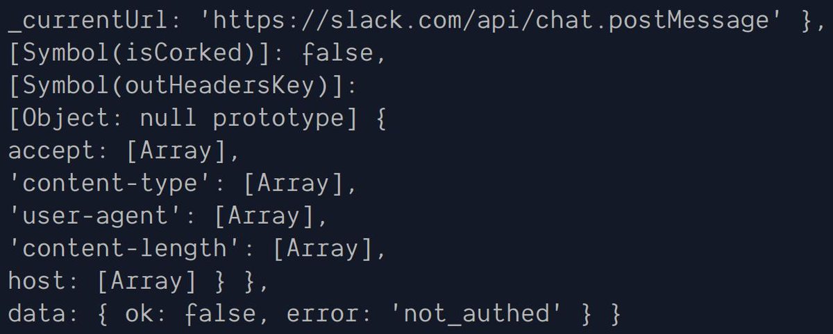 Screenshot of the Slack chat.postMessage API error message response.