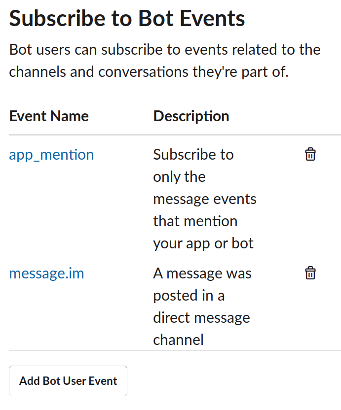 Screenshot of the Slack App Event Subscriptions page.