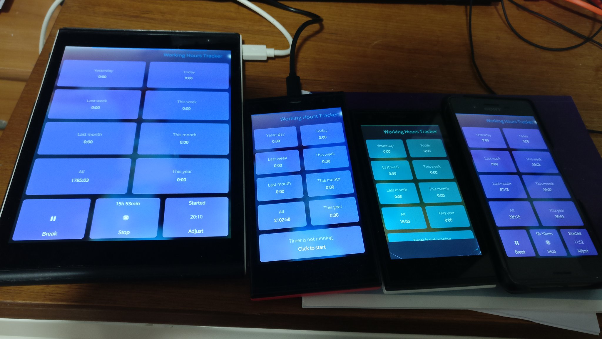 Working Hours Tracker running on multiple SailfishOS devices.